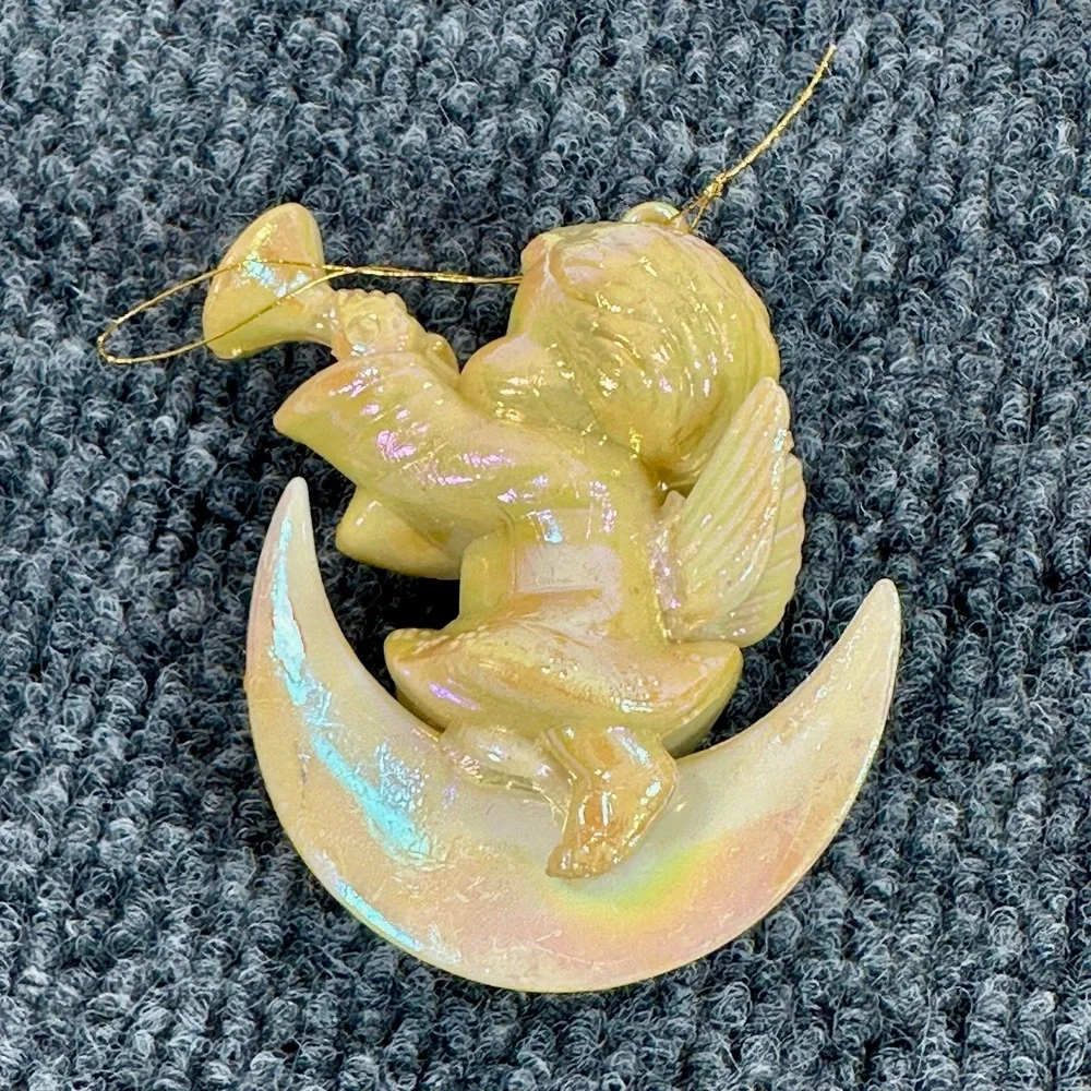 Cherub Angel Ornament Blowing Trumpet Sitting on Crescent Moon Iridescent‎